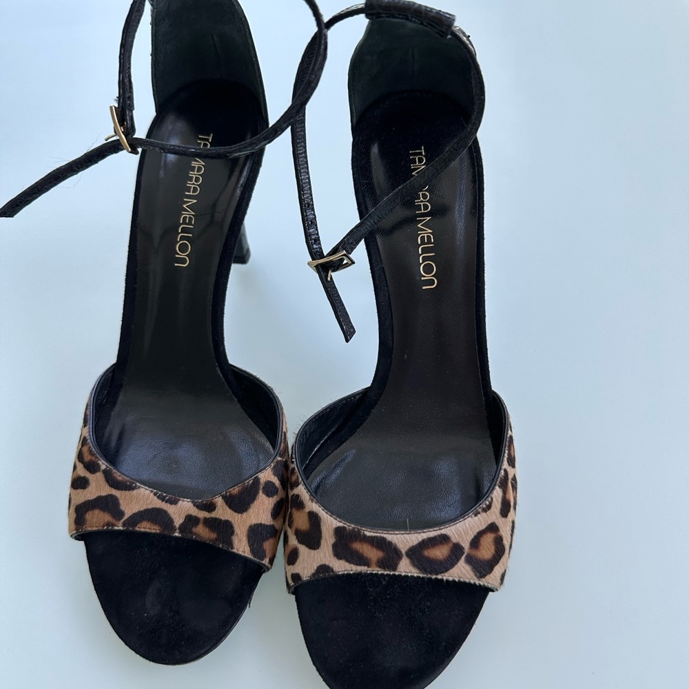 Tamara Mellon peep toe leopard front 2” sandal